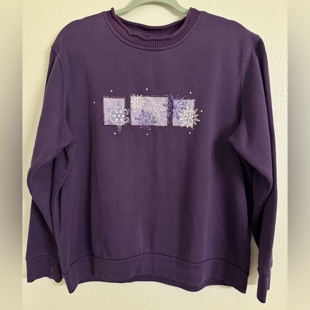 North Crest Vintage Purple Crew Neck Sweater with Snowflake Embroidery